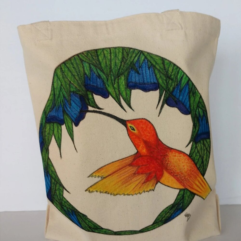 Hand-Painted Hummingbird Tote Bag : Floral Garden Reusable Canvas Bag  NWT - Picture 11 of 15